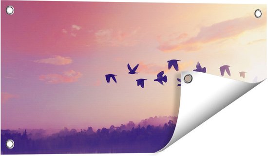 Gards Tuinposter Silhouet Vogels tijdens Zonsondergang - 60x30 cm - Tuindoek - Tuindecoratie - Wanddecoratie buiten - Tuinschilderij