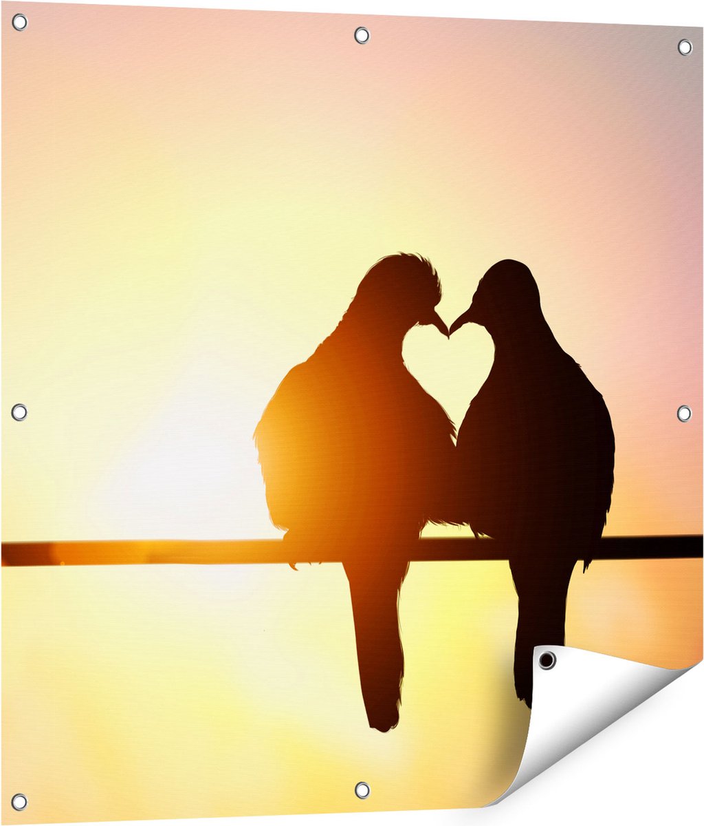 Gards Tuinposter Twee Silhouet Vogels in een Hart Vorm - 80x80 cm - Tuindoek - Tuindecoratie - Wanddecoratie buiten - Tuinschilderij Multikleur
