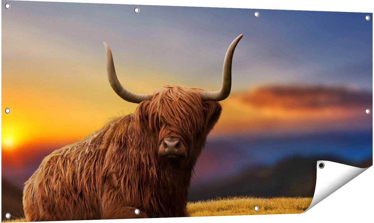 Gards Tuinposter Schotse Hooglander Koe op een Heuvel - 140x70 cm - Tuindoek - Tuindecoratie - Wanddecoratie buiten - Tuinschilderij Multikleur