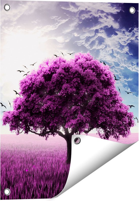 Gards Tuinposter Paarse Boom in het Paars Veld met Vogels - 200x100 cm