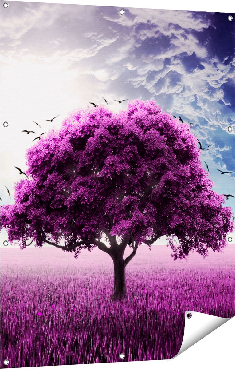 Gards Tuinposter Paarse Boom in het Paars Veld met Vogels - 90x120 cm - Tuindoek - Tuindecoratie - Wanddecoratie buiten - Tuinschilderij Multikleur