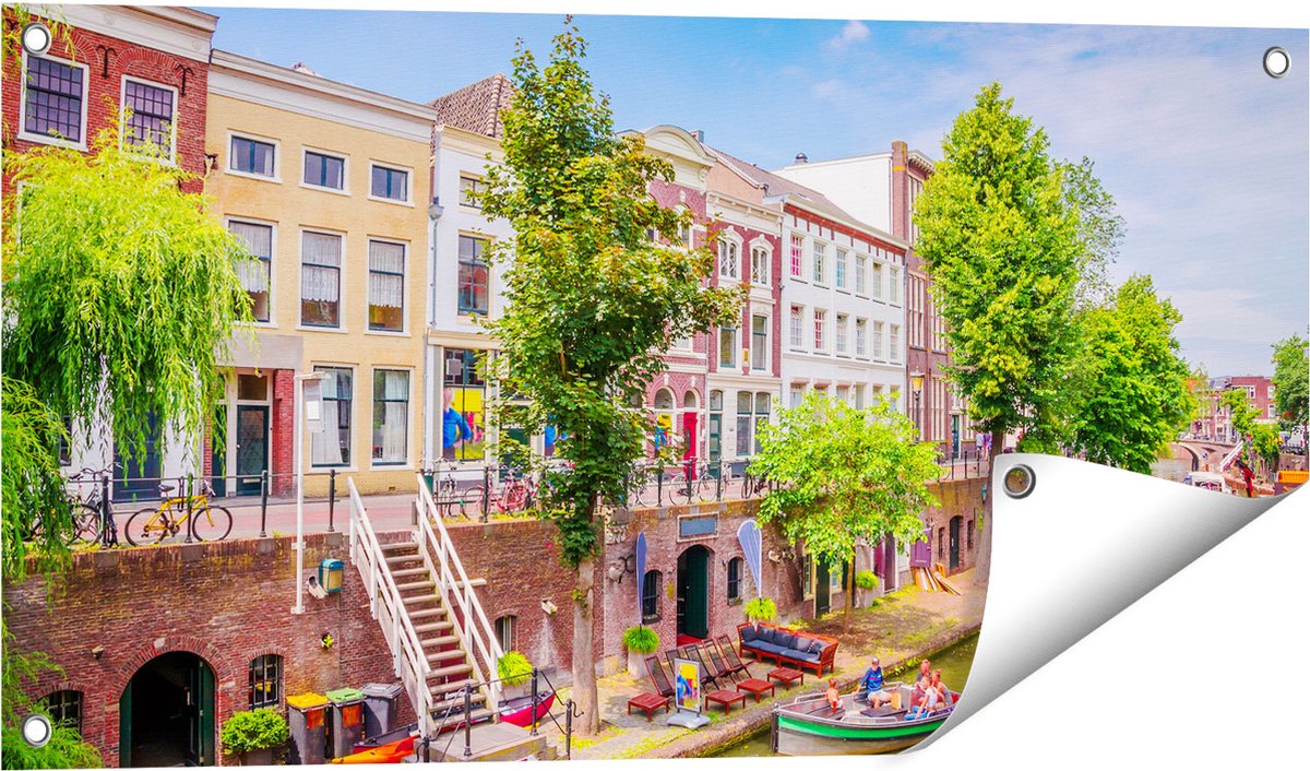 Gards Tuinposter Huisjes aan de Oudegracht in Utrecht - 80x40 cm - Tuindoek - Tuindecoratie - Wanddecoratie buiten - Tuinschilderij Multikleur