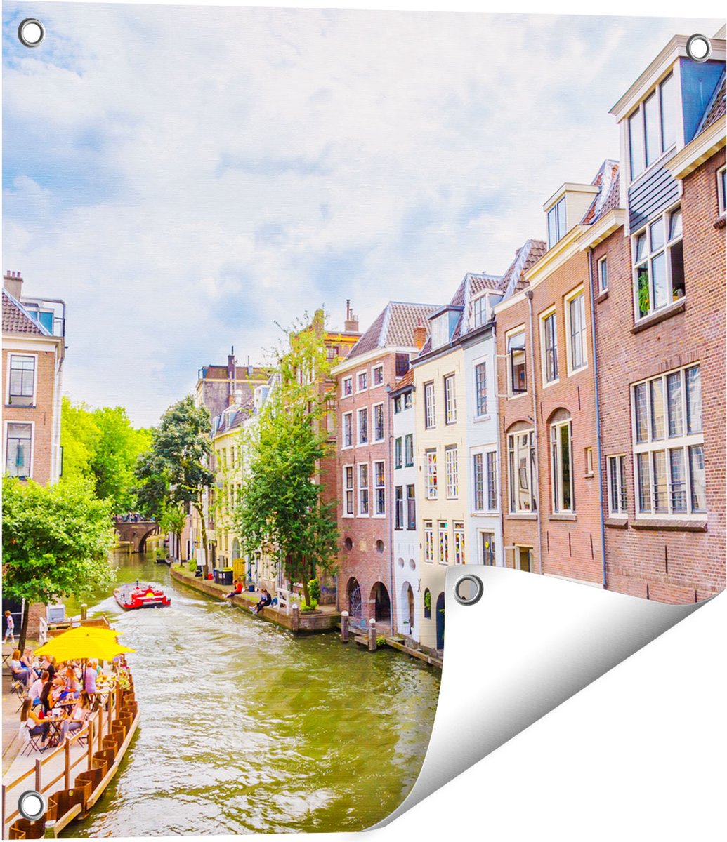 Gards Tuinposter Huizen aan de Oudegracht in Utrecht - 50x50 cm - Tuindoek - Tuindecoratie - Wanddecoratie buiten - Tuinschilderij Multikleur