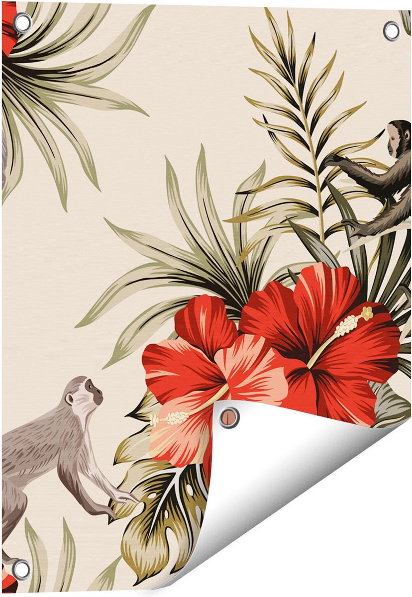 Gards Tuinposter Tropische Bloemen met Apen Achtergrond - 40x50 cm - Tuindoek - Tuindecoratie - Wanddecoratie buiten - Tuinschilderij Multikleur