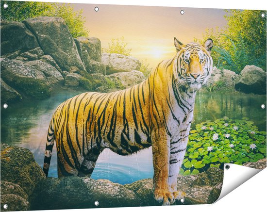 Gards Tuinposter Luipaard in een Vijver bij Zonsondergang - 120x80 cm - Tuindoek - Tuindecoratie - Wanddecoratie buiten - Tuinschilderij