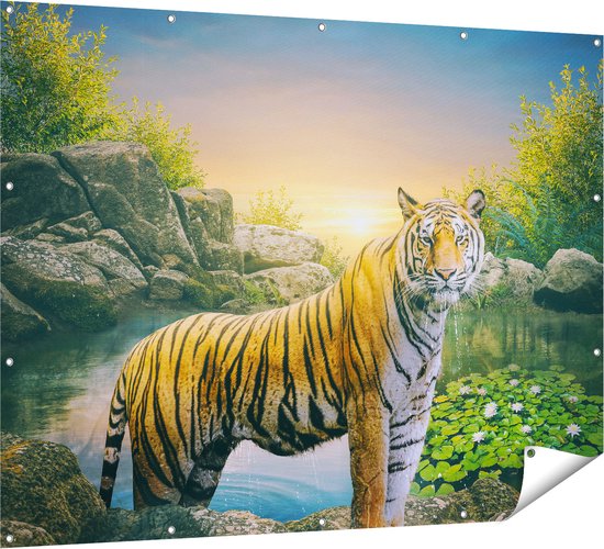 Gards Tuinposter Luipaard in een Vijver bij Zonsondergang - 160x120 cm - Tuindoek - Tuindecoratie - Wanddecoratie buiten - Tuinschilderij