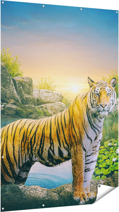 Gards Tuinposter Luipaard in een Vijver bij Zonsondergang - 120x180 cm - Tuindoek - Tuindecoratie - Wanddecoratie buiten - Tuinschilderij