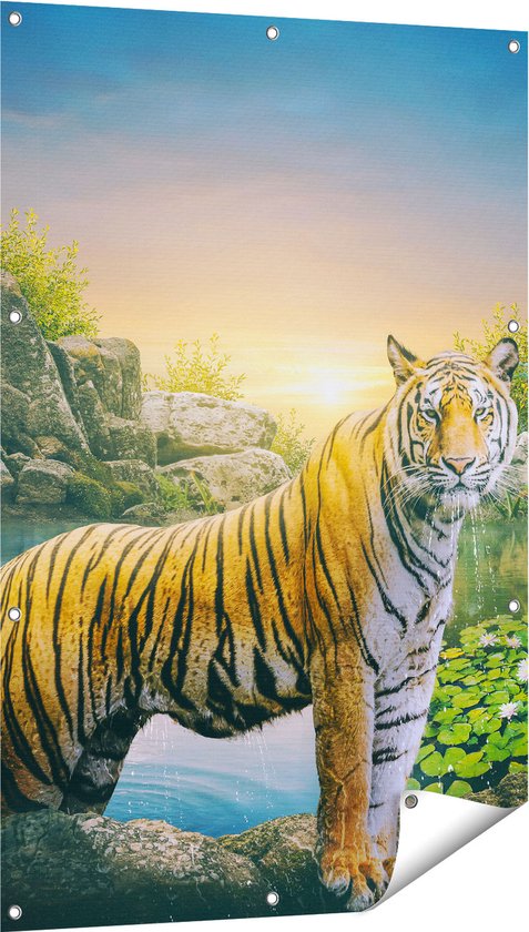 Gards Tuinposter Luipaard in een Vijver bij Zonsondergang - 80x120 cm - Tuindoek - Tuindecoratie - Wanddecoratie buiten - Tuinschilderij