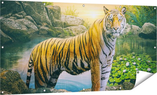 Gards Tuinposter Luipaard in een Vijver bij Zonsondergang - 160x80 cm - Tuindoek - Tuindecoratie - Wanddecoratie buiten - Tuinschilderij