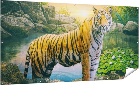 Gards Tuinposter Luipaard in een Vijver bij Zonsondergang - 200x100 cm - Tuindoek - Tuindecoratie - Wanddecoratie buiten - Tuinschilderij