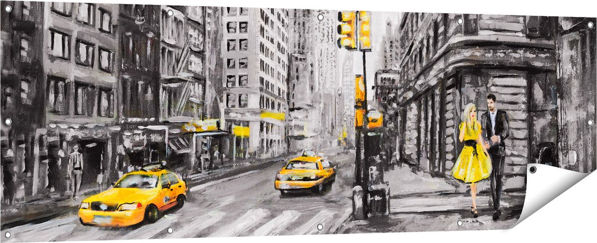 Gards Tuinposter Geschilderde New York Tekening - Zwart Wit - 180x60 cm - Tuindoek - Tuindecoratie - Wanddecoratie buiten - Tuinschilderij Multikleur