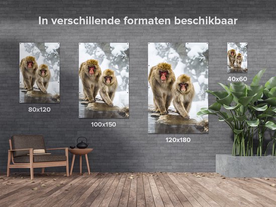 Gards Tuinposter Twee Aapjes in de Sneeuw op Rotsen - 40x60 cm - Tuindoek - Tuindecoratie - Wanddecoratie buiten - Tuinschilderij