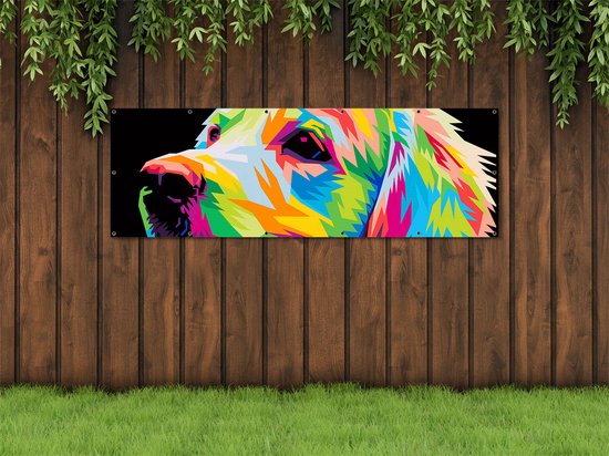 Gards Affiche jardin Chien Coloré - Abstrait - 210x70 cm - Toile jardin - Décoration de jardin - Décoration murale extérieur - Tableau jardin