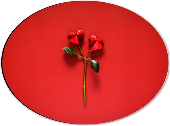 Dibond Ovaal - Gevouwen Origami Rode Rozen tegen Rode Achtergrond - 40x30 cm Foto op Ovaal (Met Ophangsysteem)