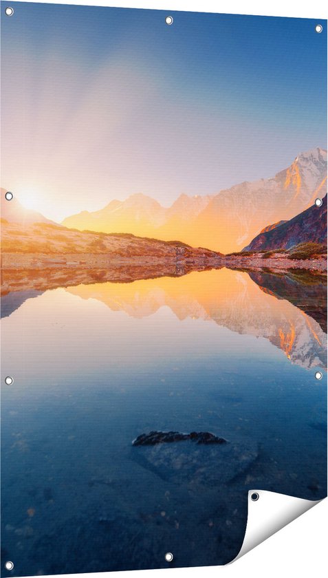 Gards Poster de jardin Paysage de Montagnes avec lever de soleil - 80x120 cm - Toile de jardin - Décoration de jardin - Décoration murale extérieure - Peinture de jardin