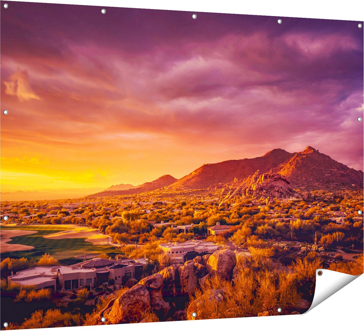 Gards Tuinposter Woestijn Landschap met Zonsondergang - 160x120 cm - Tuindoek - Tuindecoratie - Wanddecoratie buiten - Tuinschilderij Multikleur