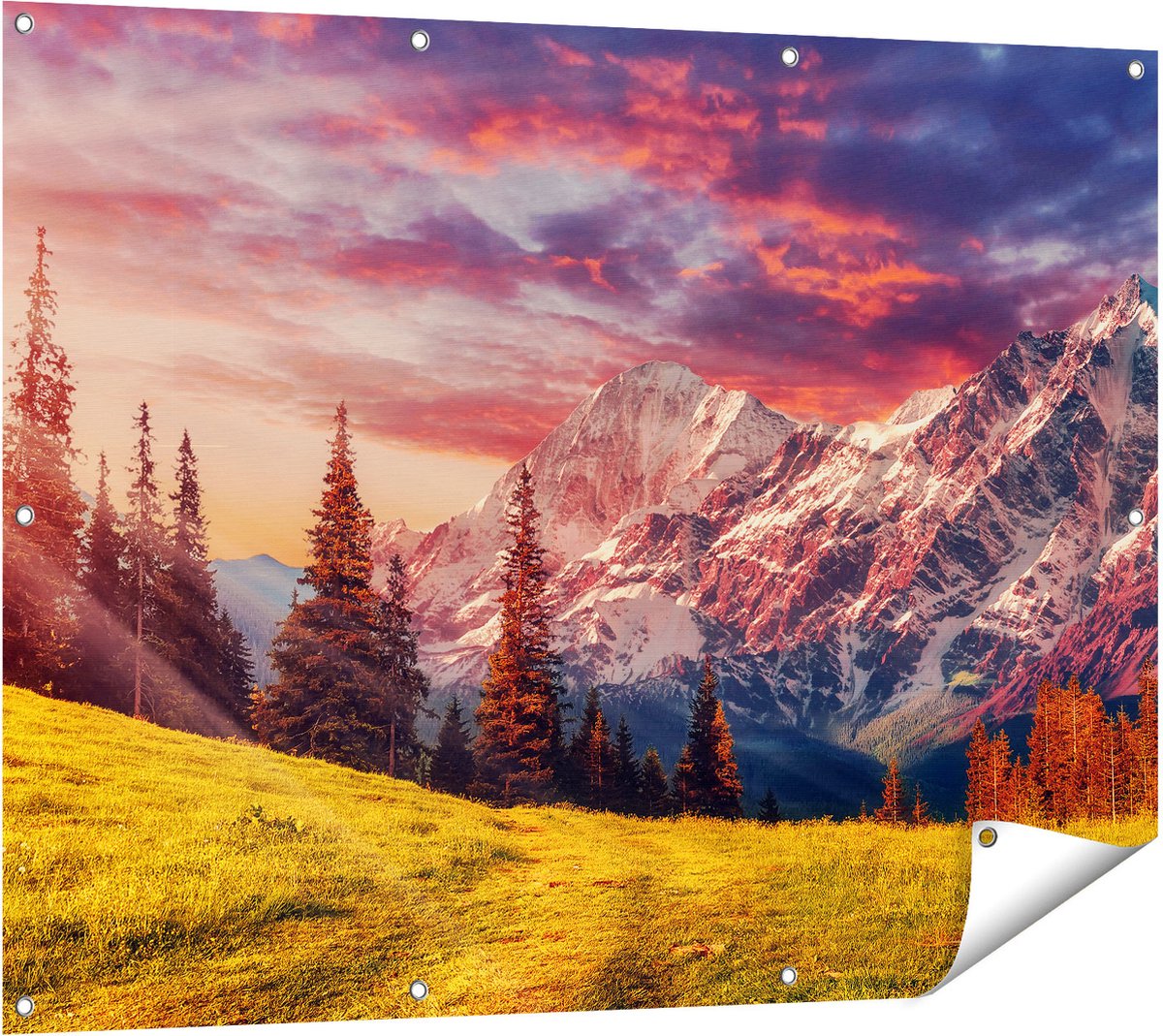 Gards Tuinposter Alpen Landschap met een Kleurrijke Hemel - 120x90 cm - Tuindoek - Tuindecoratie - Wanddecoratie buiten - Tuinschilderij Multikleur