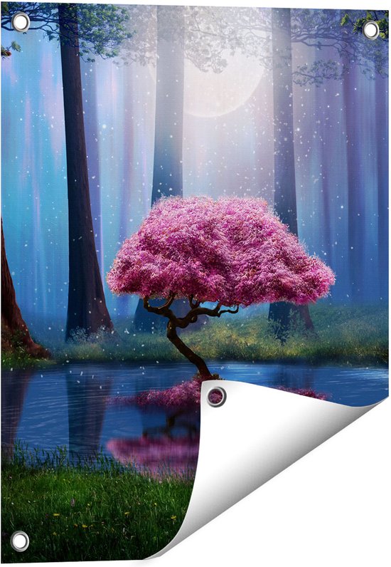 Gards Tuinposter Roze Boom op een Vijver in de Nacht - 40x50 cm - Tuindoek - Tuindecoratie - Wanddecoratie buiten - Tuinschilderij