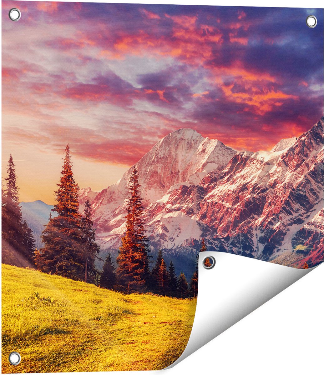 Gards Tuinposter Alpen Landschap met een Kleurrijke Hemel - 50x50 cm - Tuindoek - Tuindecoratie - Wanddecoratie buiten - Tuinschilderij Multikleur