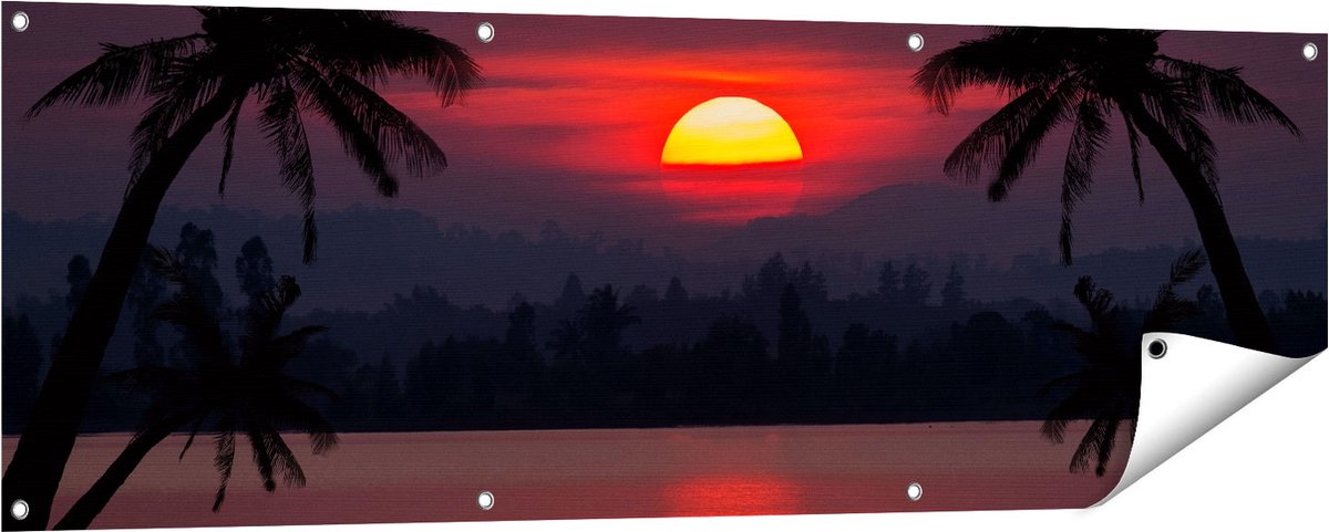 Gards Tuinposter Zonsondergang op het Strand met Palmbomen - 150x50 cm - Tuindoek - Tuindecoratie - Wanddecoratie buiten - Tuinschilderij Multikleur
