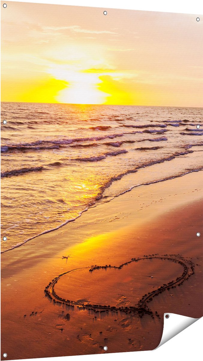 Gards Tuinposter Zonsondergang op het Strand met een Hartje - 100x150 cm - Tuindoek - Tuindecoratie - Wanddecoratie buiten - Tuinschilderij Multikleur