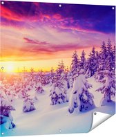 Gards Tuinposter Zonsondergang in het Sneeuw Bos - 100x100 cm - Tuindoek - Tuindecoratie - Wanddecoratie buiten - Tuinschilderij