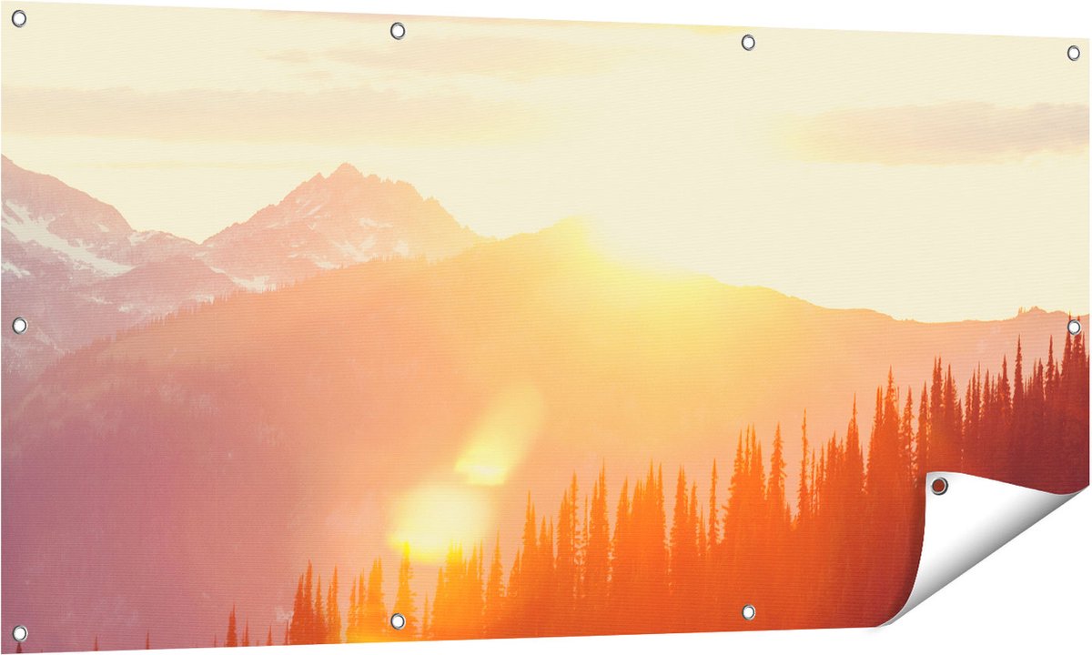 Gards Tuinposter Zonsondergang in het Bos - 140x70 cm - Tuindoek - Tuindecoratie - Wanddecoratie buiten - Tuinschilderij Multikleur