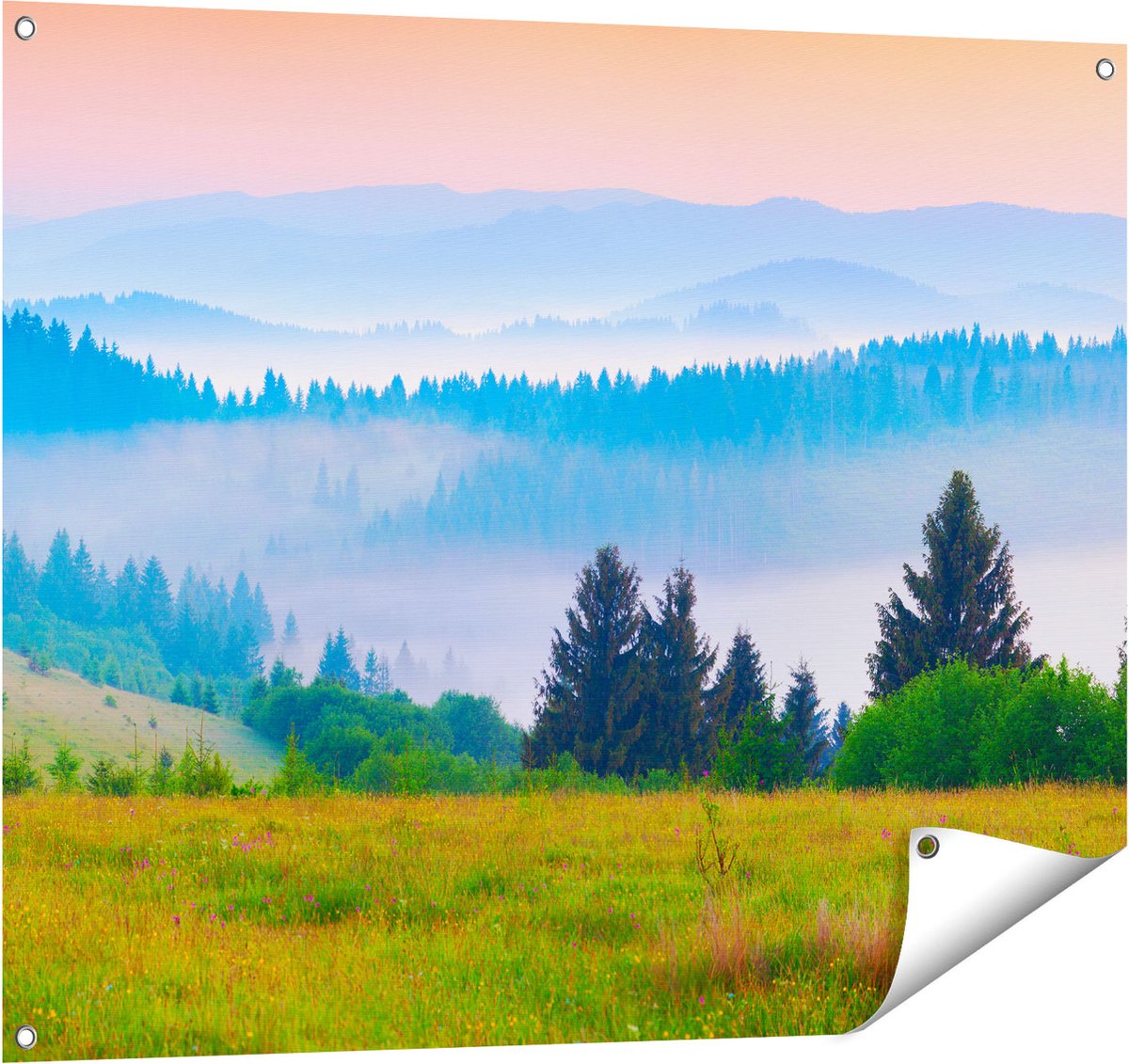Gards Tuinposter Mistige Heuvel Landschap met Bossen - 100x80 cm - Tuindoek - Tuindecoratie - Wanddecoratie buiten - Tuinschilderij Multikleur