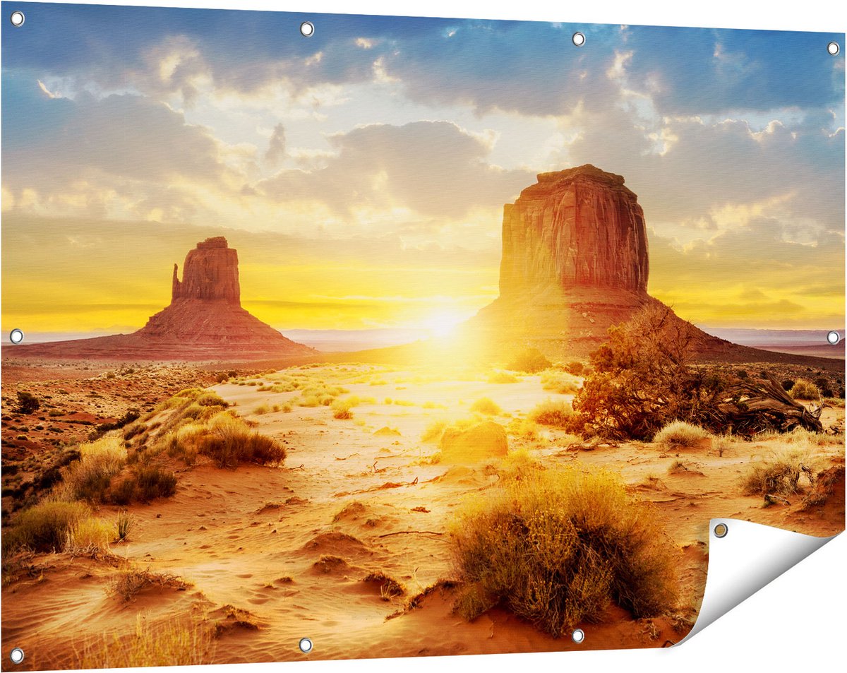 Gards Tuinposter Zonsondergang in Woestijn Monument Valley - 120x80 cm - Tuindoek - Tuindecoratie - Wanddecoratie buiten - Tuinschilderij Multikleur
