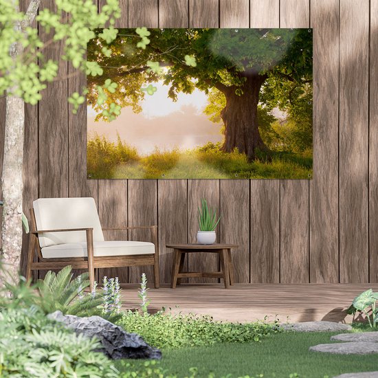 Gards Poster de Jardin Chêne sur l' Water avec Feuilles Pleines - 150x100 cm - Toile Jardin - Décoration de jardin - Décoration murale Extérieure - Tableau Jardin