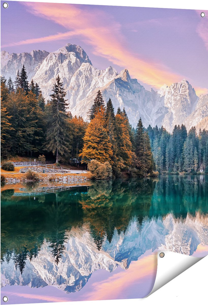 Gards Tuinposter Meer met Weerspiegeling van de Bergen - 80x100 cm - Tuindoek - Tuindecoratie - Wanddecoratie buiten - Tuinschilderij Multikleur