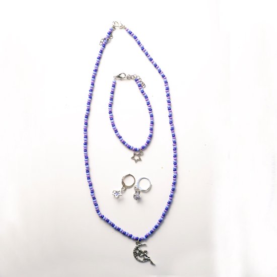 Set ketting, armband en oorbellen in paarstinten met sterretjes en elfje