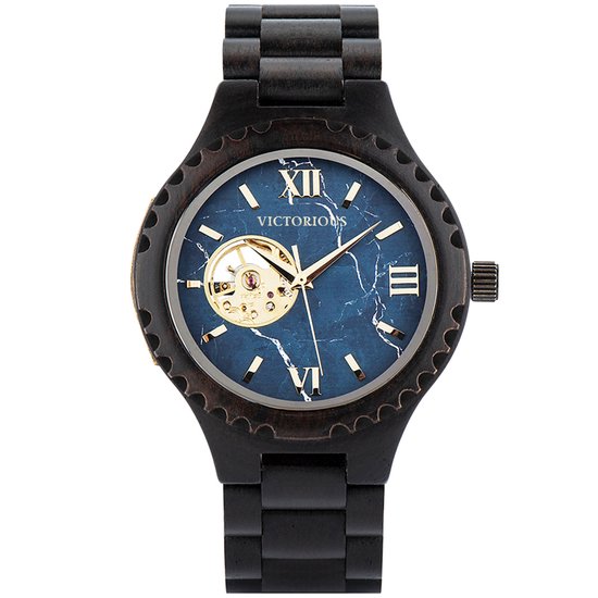 Victorious Afrikaans Zwart Hout met Blauw Marmer Heren horloge
