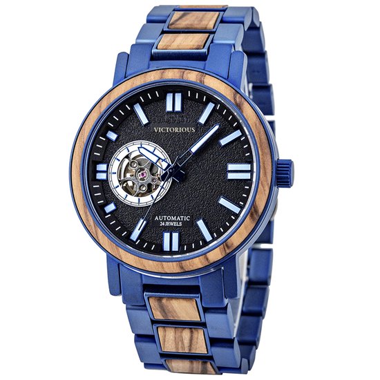 Victorious Olijvenhout met Blauw Zwart Stalen Heren horloge - Ignite - Ø44mm