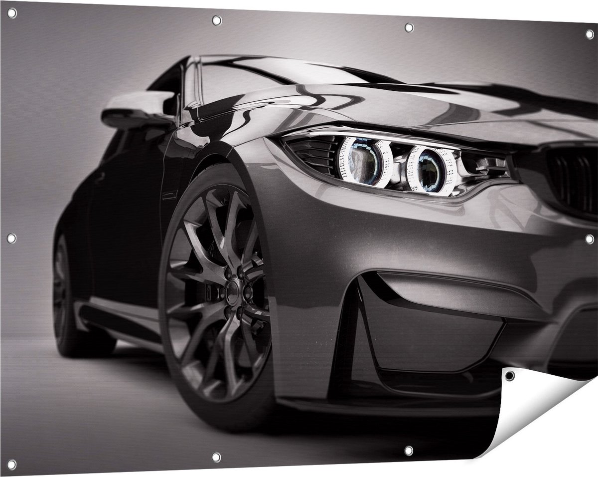Gards Tuinposter Grijze Sportwagen Auto - Zwart Wit - 120x80 cm - Tuindoek - Tuindecoratie - Wanddecoratie buiten - Tuinschilderij Multikleur
