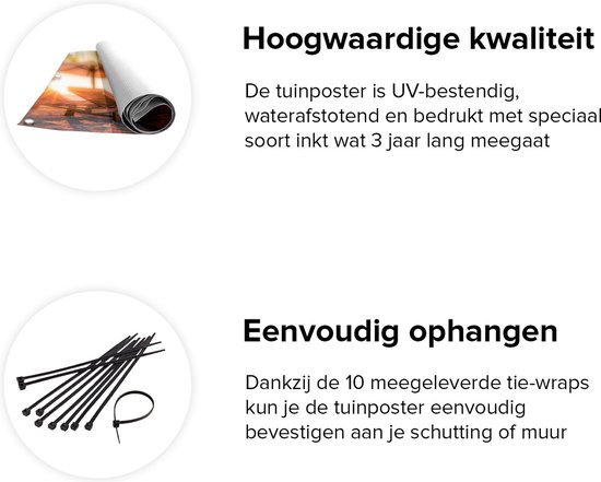 Gars Affiche de jardin Plage tropicale au coucher du soleil - 120x120 cm - Toile jardin - Décoration de jardin - Décoration murale extérieur - Tableau jardin