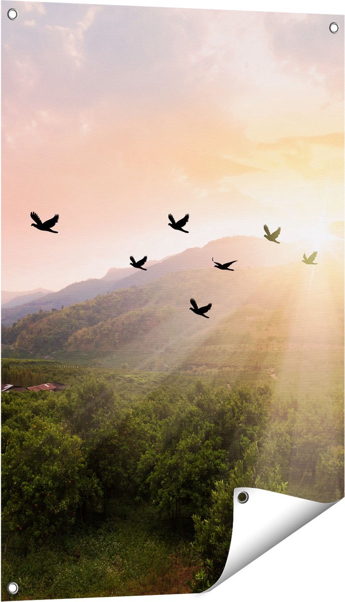 Gards Tuinposter Silhouet Zwerm Vogels bij Zonsondergang - 60x90 cm - Tuindoek - Tuindecoratie - Wanddecoratie buiten - Tuinschilderij Multikleur