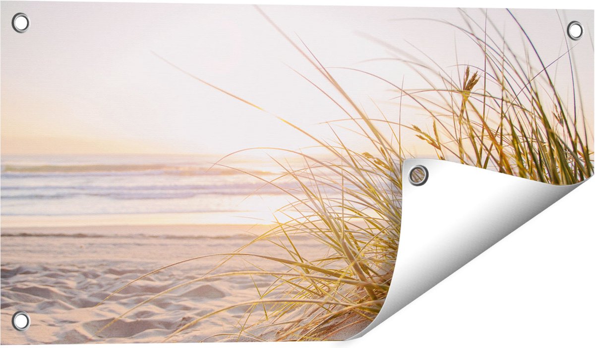 Gards Tuinposter Strand en Duinen tijdens Zonsondergang - 60x30 cm - Tuindoek - Tuindecoratie - Wanddecoratie buiten - Tuinschilderij Multikleur