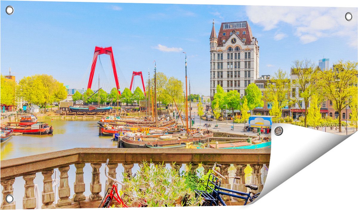 Gards Tuinposter Kleurrijke Oude Haven in Rotterdam - 80x40 cm - Tuindoek - Tuindecoratie - Wanddecoratie buiten - Tuinschilderij Multikleur