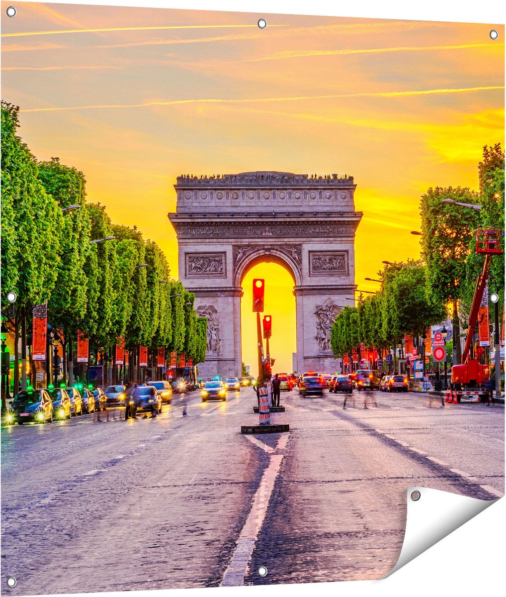 Gards Tuinposter Arc de Triomphe in Parijs vanaf de Straat - 100x100 cm - Tuindoek - Tuindecoratie - Wanddecoratie buiten - Tuinschilderij Multikleur