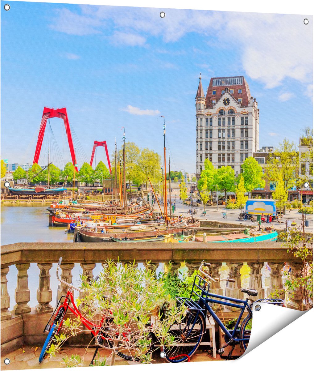 Gards Tuinposter Kleurrijke Oude Haven in Rotterdam - 100x100 cm - Tuindoek - Tuindecoratie - Wanddecoratie buiten - Tuinschilderij Multikleur