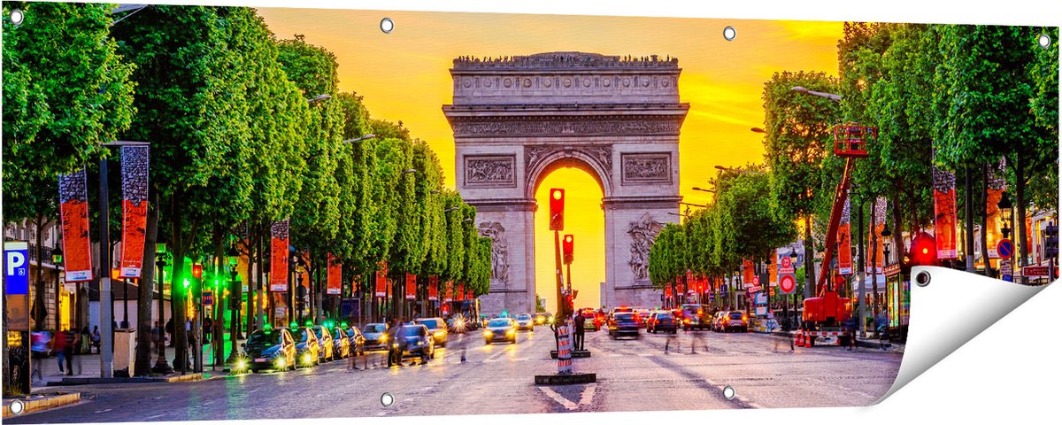 Gards Tuinposter Arc de Triomphe in Parijs vanaf de Straat - 150x50 cm - Tuindoek - Tuindecoratie - Wanddecoratie buiten - Tuinschilderij Multikleur
