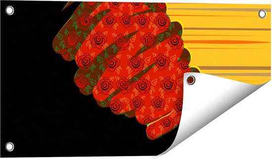 Gards Tuinposter Afrikaanse Vrouw met Bloemen Tulband - Abstract - 60x30 cm - Tuindoek - Tuindecoratie - Wanddecoratie buiten - Tuinschilderij
