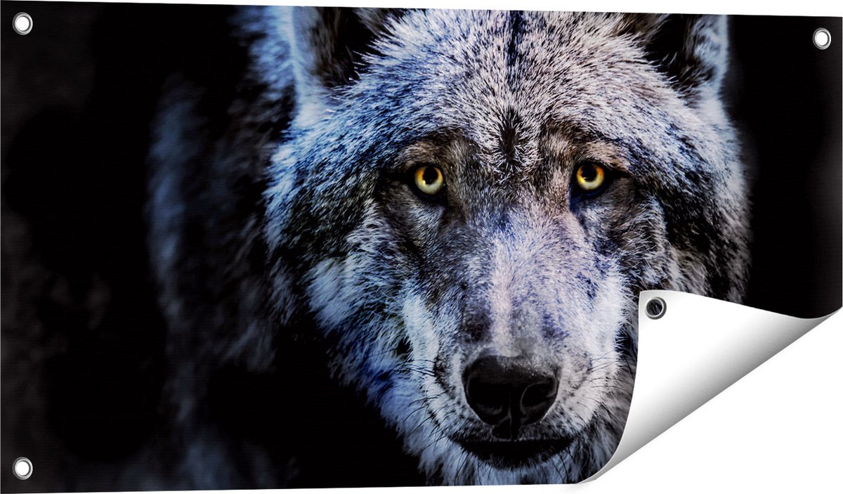 Gards Tuinposter Grijze Wolvenkop - Wolf - 80x40 cm - Tuindoek - Tuindecoratie - Wanddecoratie buiten - Tuinschilderij Multikleur
