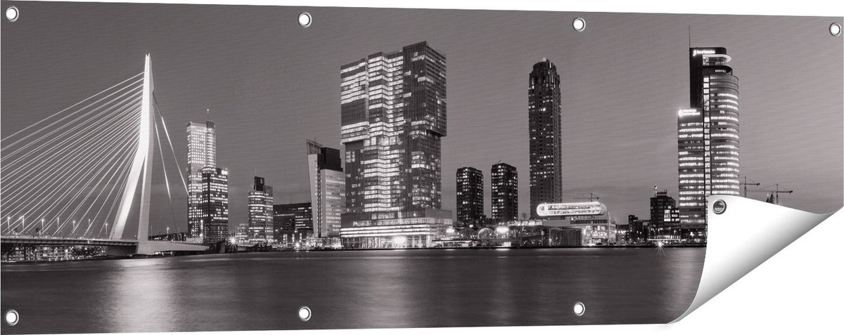Gards Tuinposter Rotterdamse Skyline - Zwart Wit - 120x40 cm - Tuindoek - Tuindecoratie - Wanddecoratie buiten - Tuinschilderij Multikleur