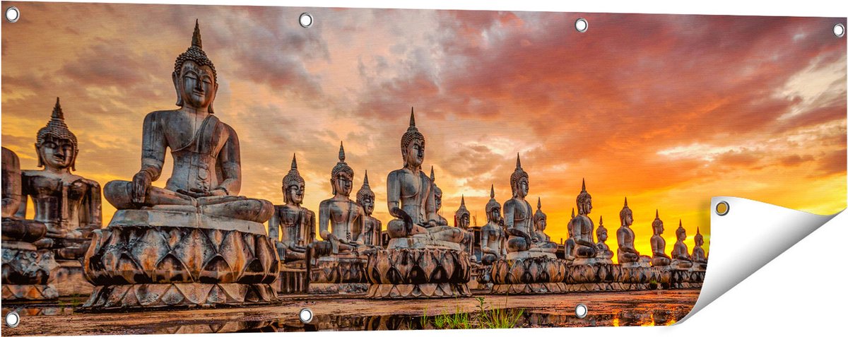 Gards Tuinposter Boeddha Beelden tijdens Zonsondergang - 120x40 cm - Tuindoek - Tuindecoratie - Wanddecoratie buiten - Tuinschilderij Multikleur
