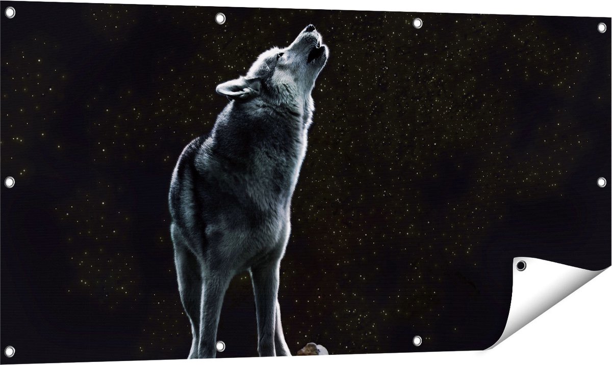 Gards Tuinposter Wolf Huilt naar de Volle Maan - 120x60 cm - Tuindoek - Tuindecoratie - Wanddecoratie buiten - Tuinschilderij Multikleur