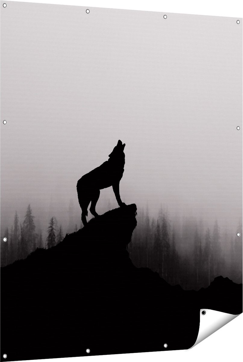 Gards Tuinposter Silhouet van een Huilende Wolf - Abstract - 120x150 cm - Tuindoek - Tuindecoratie - Wanddecoratie buiten - Tuinschilderij Multikleur