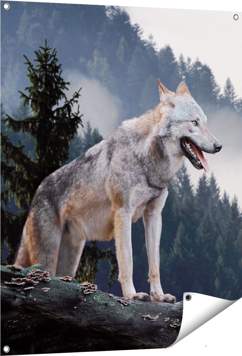 Gards Tuinposter Grijze Wolf in de Bossen - 80x100 cm - Tuindoek - Tuindecoratie - Wanddecoratie buiten - Tuinschilderij Multikleur