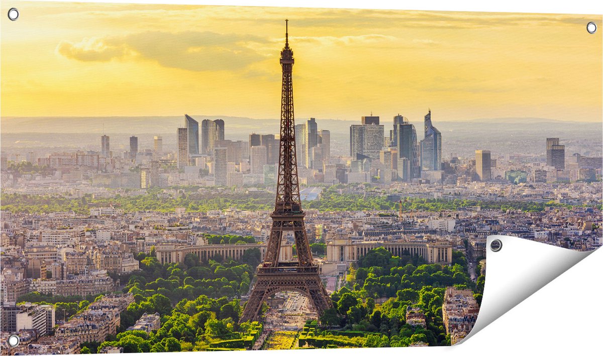 Gards Tuinposter Skyline van Parijs met de Eiffeltoren - 100x50 cm - Tuindoek - Tuindecoratie - Wanddecoratie buiten - Tuinschilderij Multikleur